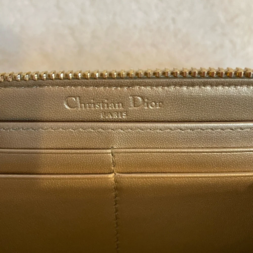 EUC Lady Dior Voyageur Cannage Gold Leather Zip Around Wallet with Logo charm